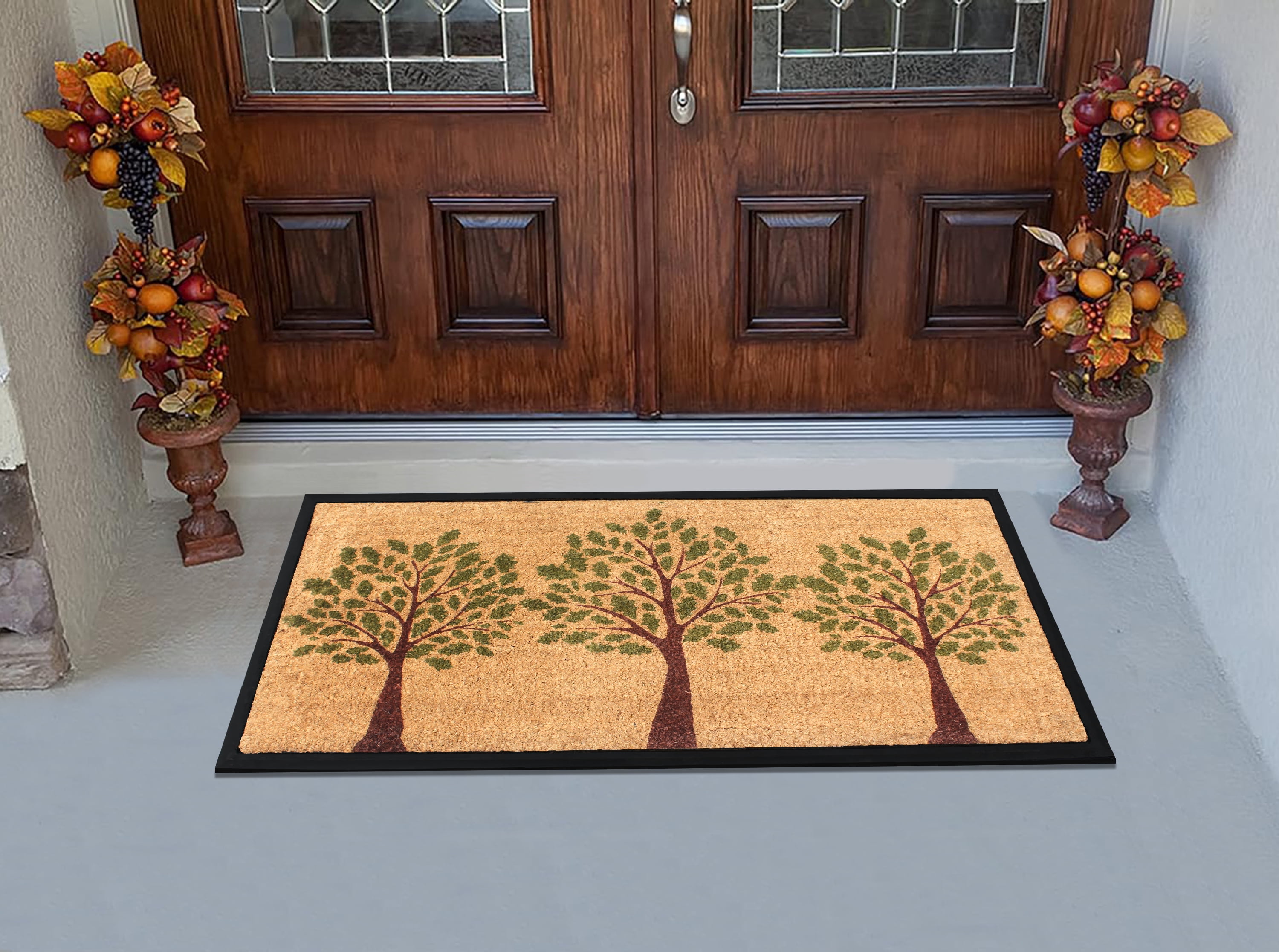 A1HC 24"x48" Green Three Tree Coir & Rubber Doormat, Durable Non-Slip Thin Large Welcome Mat for Front Door & High Traffic Areas