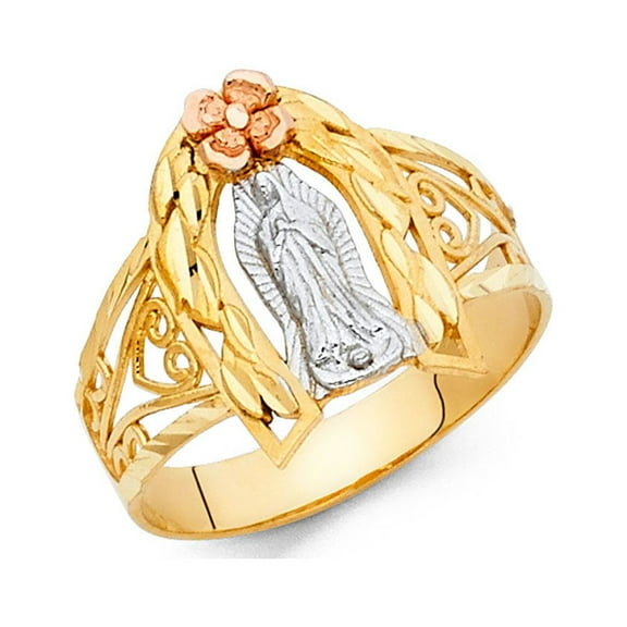 14k Yellow White Rose Gold Virgin Mary Flower Ring Band Guadalupe Floral Style Tri Color 15MM Size 7