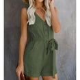 thumbnail image 3 of Short Women Summer Romper V Neck Waist Belted Button Front Sleeveless Pure Color Jumpsuits, 3 of 6
