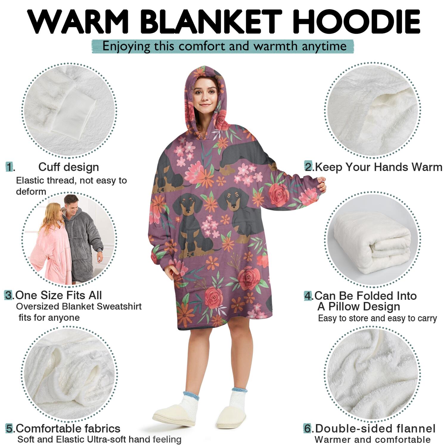 Dachshund Dog and Flower Floral Wearable Oversized Blanket,Wearable Blanket Hoodie for Adults,Cozy Hooded Blankets with Super Pockets,Super Warm Fuzzy Pullover for Women & Men