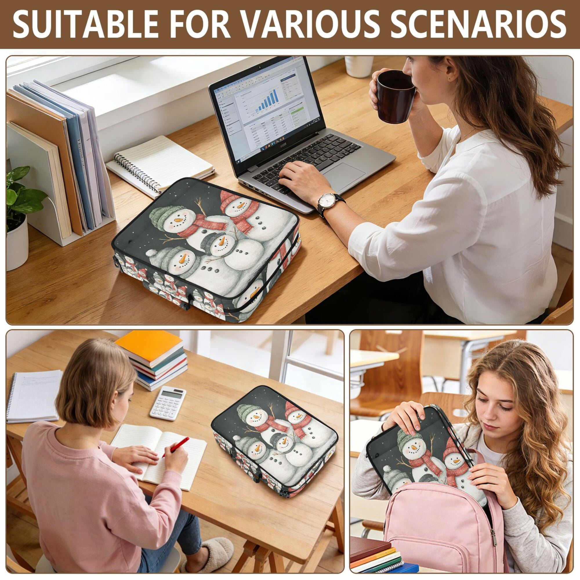 FORMRS Accordion File Folder A4 Size 7-Pocket Expanding Document Organizer Bag with 3 Ring Binder, Snowman Family