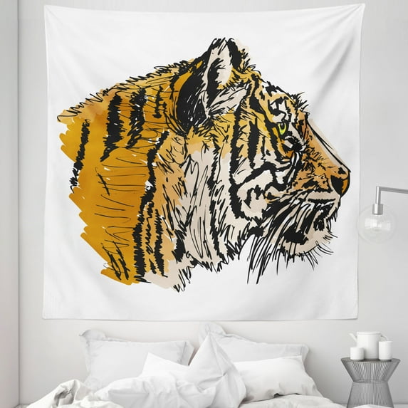 Tiger Tapestry, Sketch Drawing of Bengal Royal Animal Carnivore Large Cat Vibrant Colors, Fabric Wall Hanging Decor for Bedroom Living Room Dorm, 5 Sizes, Pale Brown Black, by Ambesonne