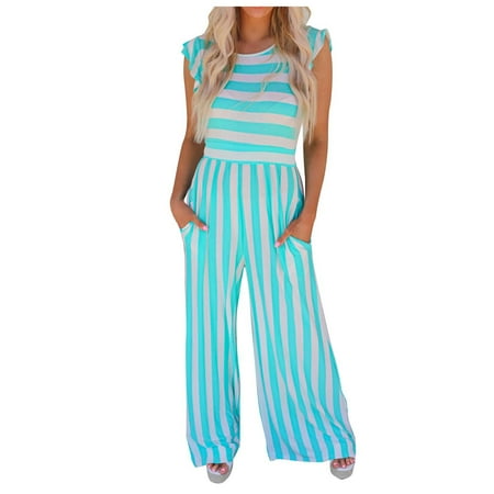 

Women Lightweight Sleeveless Striped Print Jumpsuit Rompers Onesie Ruffled Wide Leg Pajamas Casual Pants