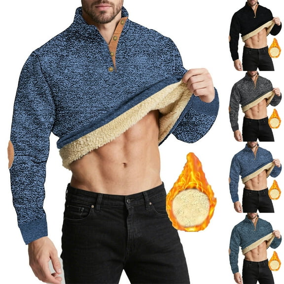 Fengqque Men's Casual and Fashionable Long Sleeved Stand Up Collar Thick Lamb Wool Quarter Button Top Navy XL(XL)