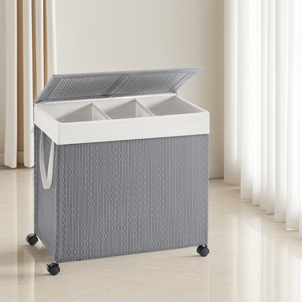 LEDREM Laundry Hamper with 3 Sections, Large 140L Rolling Clothes Basket with Lid, Removable Liner, Wheels, Rattan-Style, Dove Gray and White