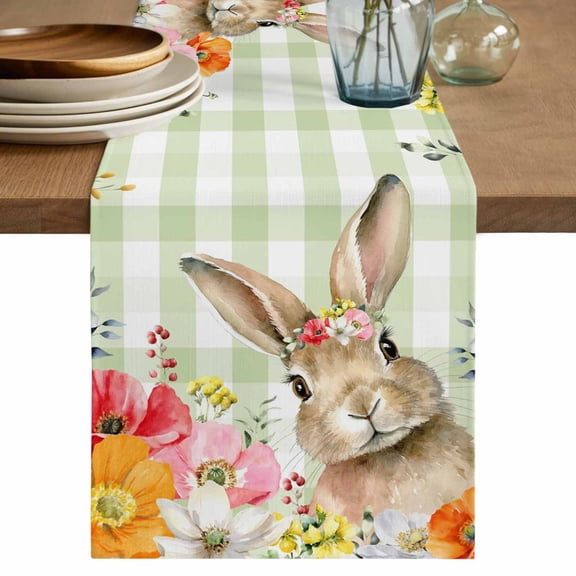 Table Runner 36 Inches Long for Kitchen Dining, Easter Bunny Dresser Scarf Farmhouse, Dining Table Decorations for Wedding/Parties, Spring Watercolor Flower Green Plaid 13 x 36 In