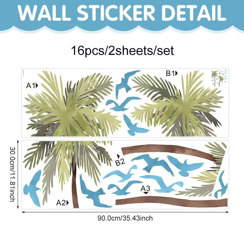 Watercolor coconut tree stickers, plant decals, coconut tree wall stickers, children's room stickers, bathroom waterproof decals, door, living room, TV wall decals Peel and Stick