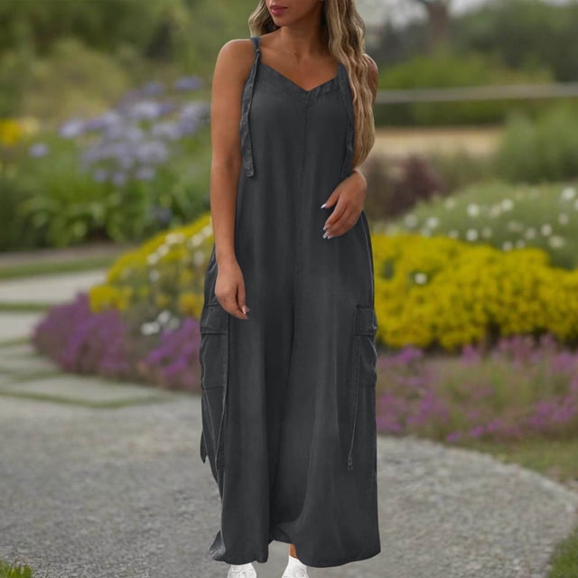 Sentmoon Spring Rompers for Women Plus Size Overalls for Women Solid Color Loose Fit Comfy Summer Outfits for Women with Pockets for Beach and Vacation