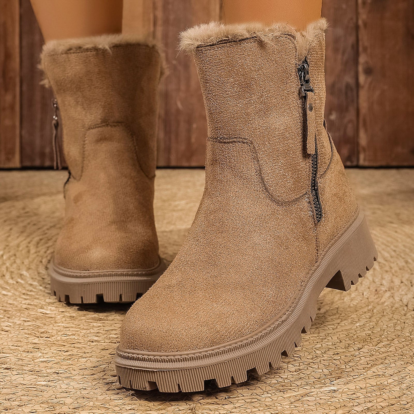 Xfvqtps Thermal Winter Boots for Women Warm Furry Lined Mid Calf Boots Waterproof Snow Shoes Non Slip Sole Outdoor Hiking Booties Comfortable Brown