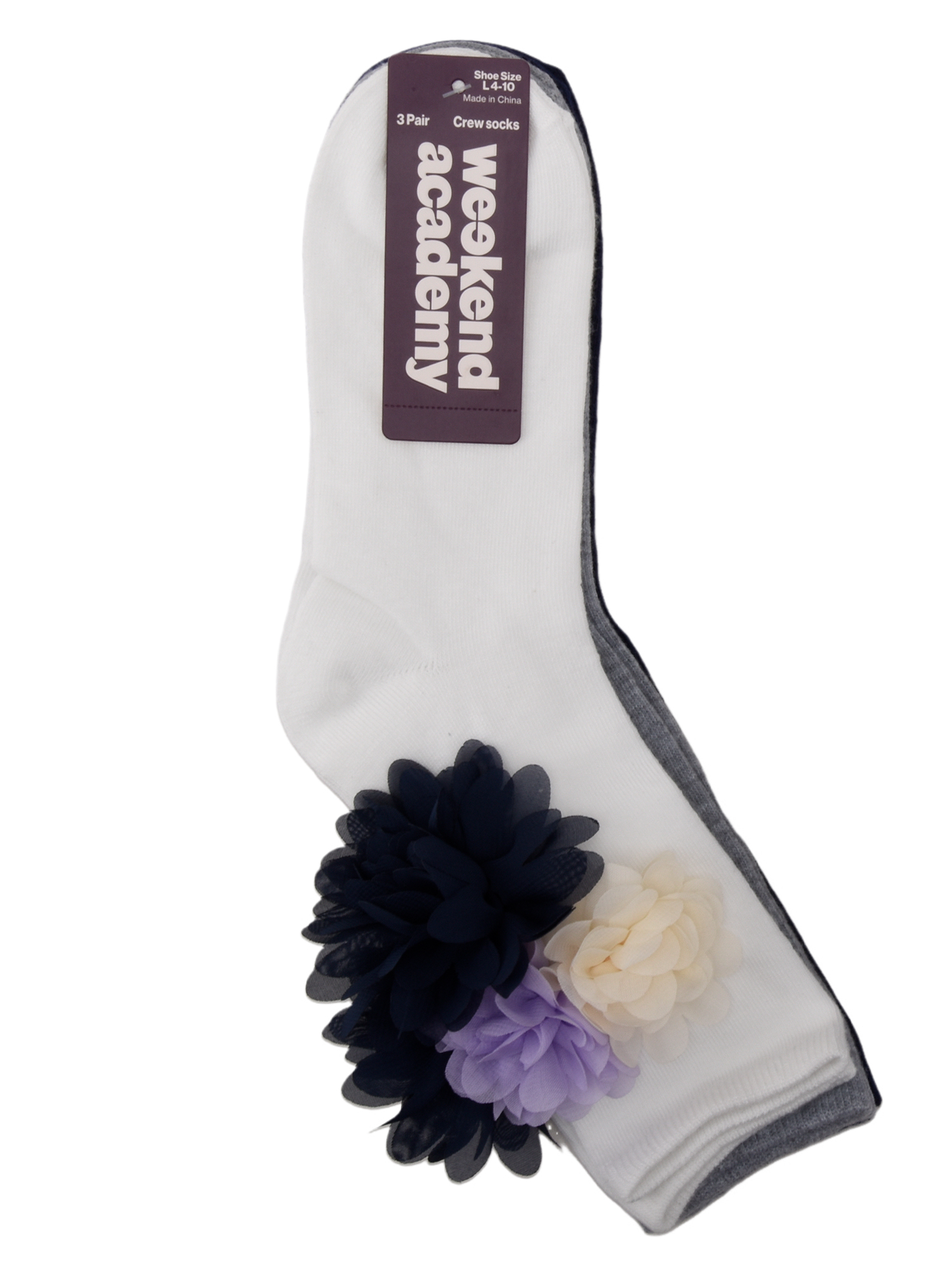 Weekend Academy Girls’ 3-Pack Floral Appliqué Crew Socks Sizes S-L