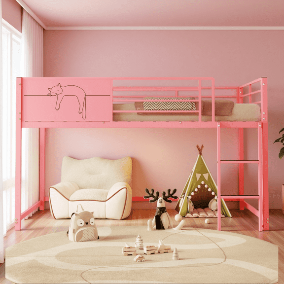 Twin Size Loft Bed, Metal Floor Bed Frame with Storage Caddy, No Box Spring Needed, Easy Assembly, Pink