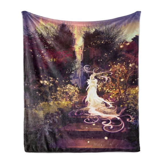 Fantasy Soft Flannel Fleece Throw Blanket, Surreal Silhouette of Elf Lady on Stair in Garden Expressionist Artwork, Cozy Plush for Indoor and Outdoor Use, 60" x 80", Magenta Green, by Ambesonne