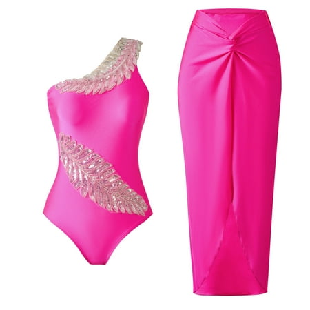 lcziwo Women One Piece Printed Swimsuits with Beach Plain Cover Up Wrap Skirt Two Piece Bathing Suits Slim Fashion Casual Summer 2025 Swimwear Hot Pink L