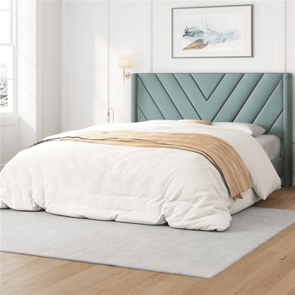 Renwick Upholstered Platform Bed Frame with Tufted Headboard, Blue Lake, All Ages, Queen