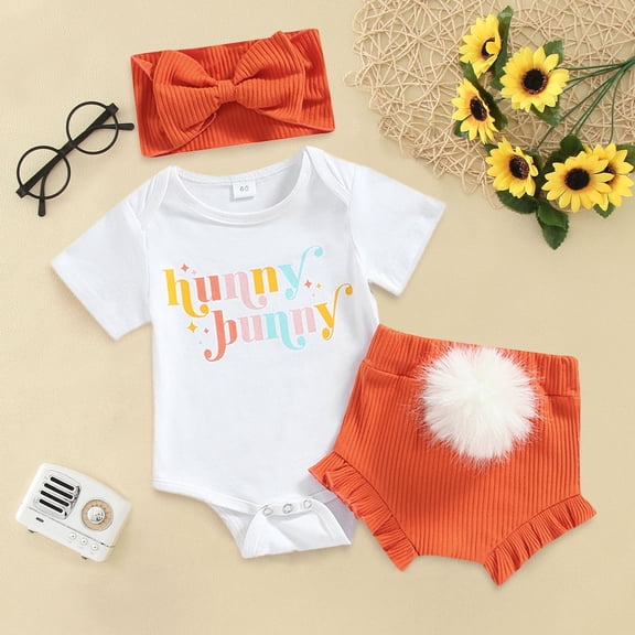 Blekii Infant Baby Girls Easter Bodysuit Set, Infant Baby Girls Easter Bodysuit Set, Short Sleeve Letter Print Romper with Bunny Tail Shorts Headband, 3 Piece Outfit Short Sleeve Letter Print Romper