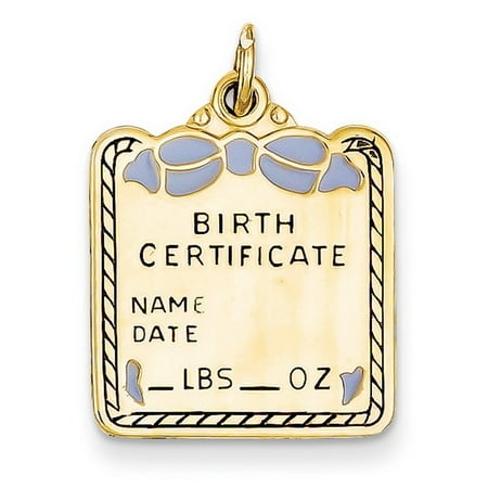 14k Yellow Gold Enameled Blue Engraveable Birth Certificate Charm - 2.7 Grams - Measures 17x17mm