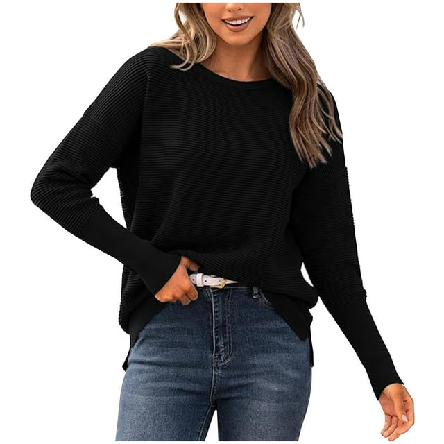 Swstbby Soldes d'Automne! Hauts d'Automne pour Femmes Grande Taille, Mode Chandail Tricoté à Manches Longues Col Rond Noir TTG