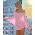 thumbnail image 5 of Women'S Off the Shoulder Dress Long Sleeve Batwing Mini Ruched Sheer Y2K Oversized Casual Streetwear Dress Pink L, 5 of 7