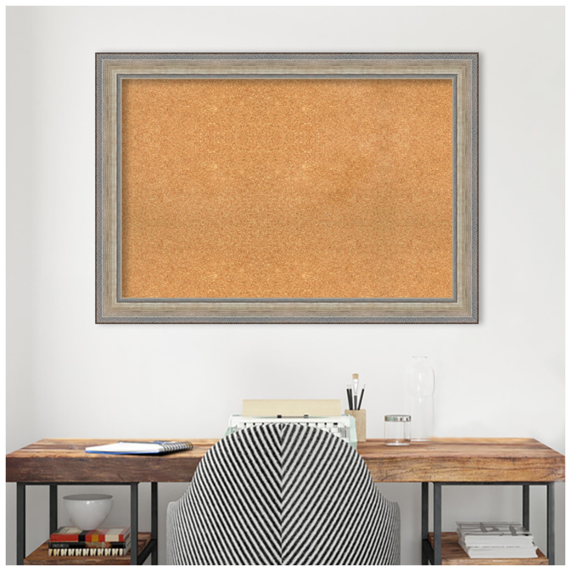 Amanti Art Natural Cork Board Wood Framed Fleur Champagne Silver Bulletin Board 41 in. x 29 in.