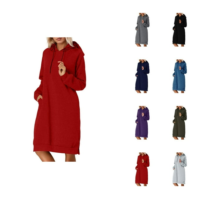 Longs Chandails à Capuchon pour Femmes 2025 Manches Longues Ourlet Fendu Robe à Capuchon Unie avec Poches Chandail à Capuchon pour Femmes