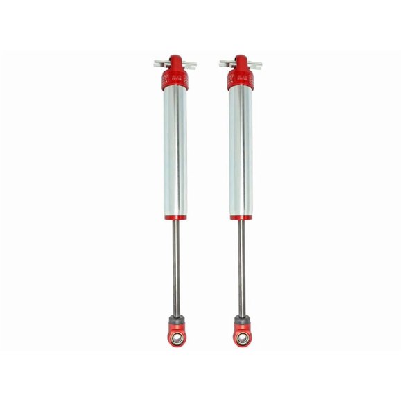 Fits 2007-2018 Jeep Wrangler JK Advanced FLOW Engineering Shock Absorber 402-0052-02 Sway-A-way; Hydraulic; 2 Inch Diameter; With Reservoir; Adjustable; Without Shock Boots; Silver and Red; Set of 2