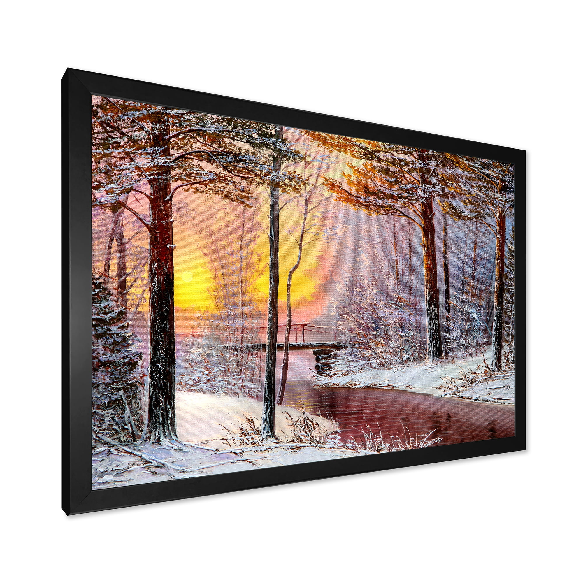 Designart 'Christmas Forest With Trees and River IV' Traditional Framed Art Print
