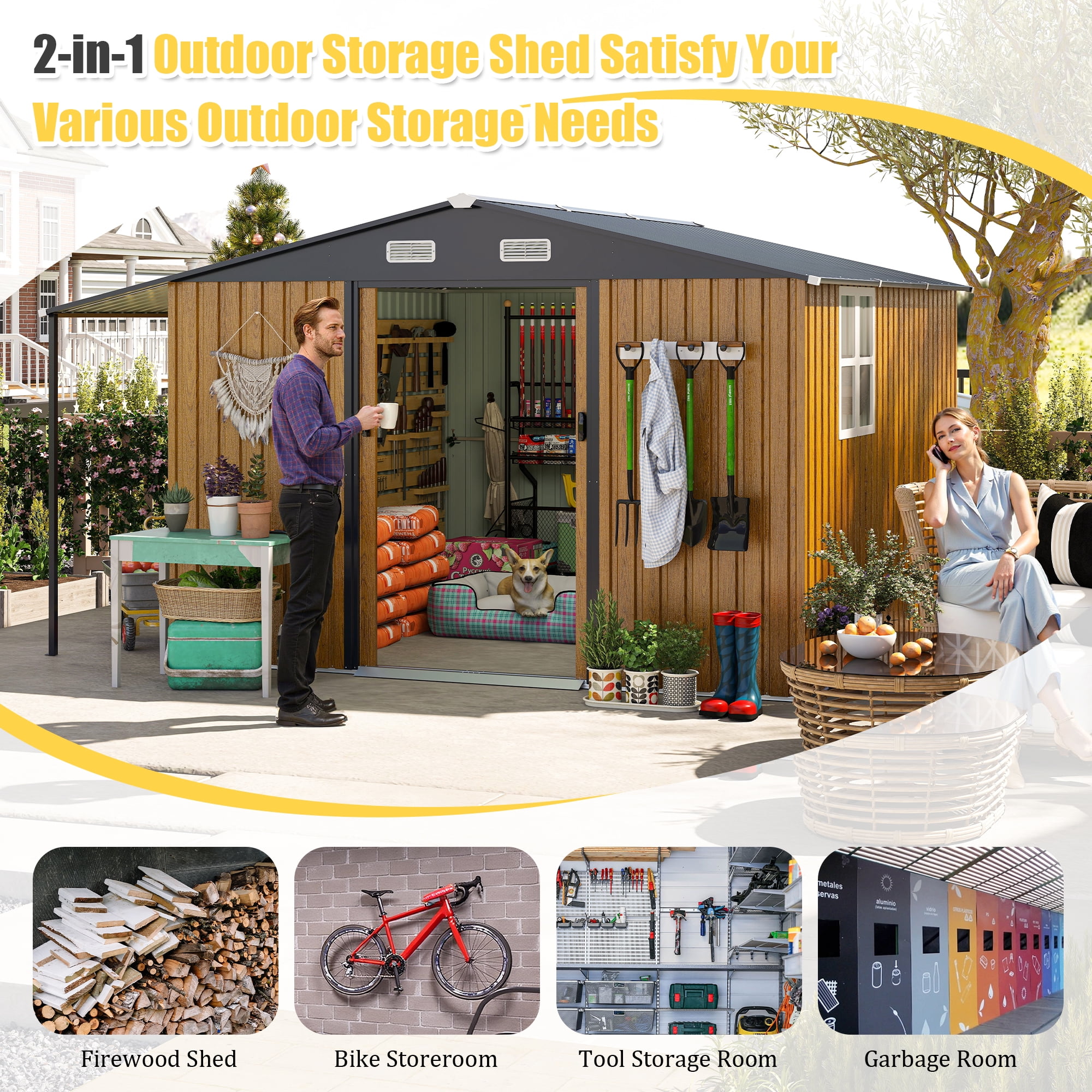 10x12 FT Outdoor Storage Shed - Extra Large Metal Shed with Dual-Zone Design, Sliding Doors & Ramp, Lockable Steel Tiny House for Garden/Backyard, Firewood Storage & Chicken Coops (Yellow)