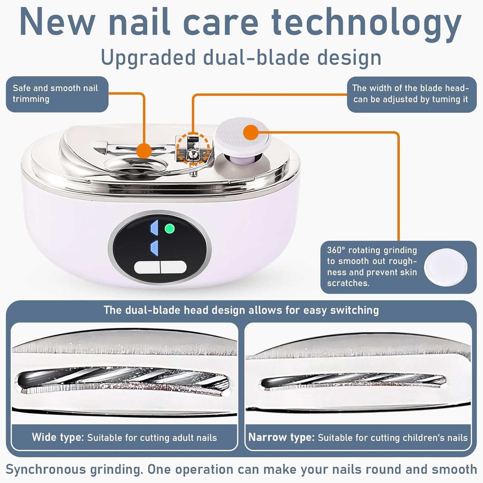 Electric Nail Clippers 2 in 1 Rechargeable Nail Trimmer with File and Polisher, Smart Fingernail and Toenail Grinder with 3 Speed Modes, LED Light Nail Care Tool for Seniors Adults Home Travel Use