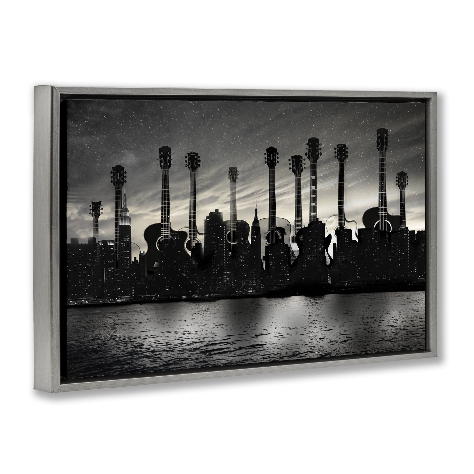 Stupell Industries Guitar Skyline Cityscape Gray Framed Floater Canvas Wall Art, design by CAD Designs