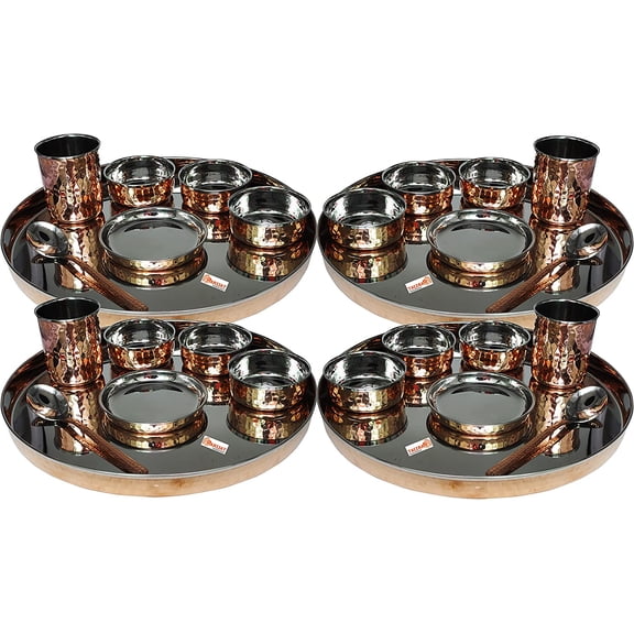 Indian dinnerware 25-Piece Set Stainless Steel Copper Traditional Dinner Set of thali Plate, Bowls, Tumbler and Spoon, Diameter 13 inch