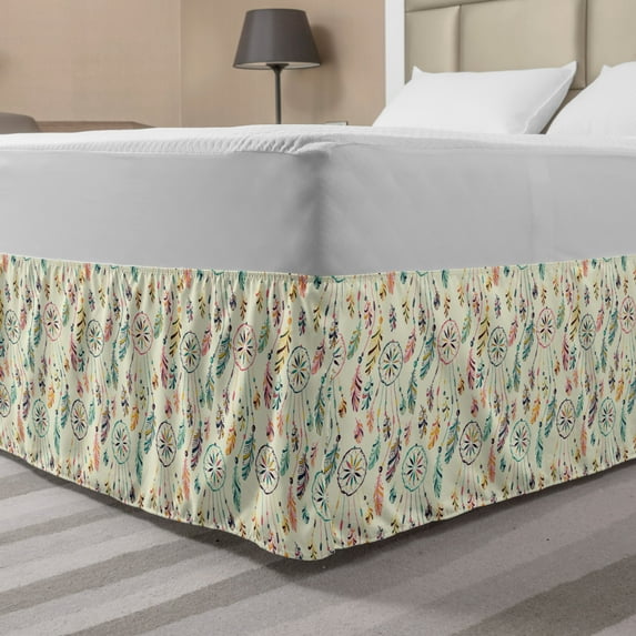 Feather Bed Skirt, Colorful Jumbled Dream Catcher Flyaway and Beaded Fuzzy Plumes, Elastic Bedskirt Dust Ruffle Wrap Around for Bedding Decor, 4 Sizes, Multicolor, by Ambesonne