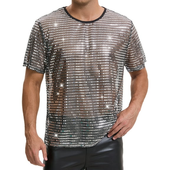 INSPIRE CHIC Sheer Sequin t Shirt for Men's Shiny Short Sleeve Tee Club Party Metallic Glitter T-Shirt L Silver