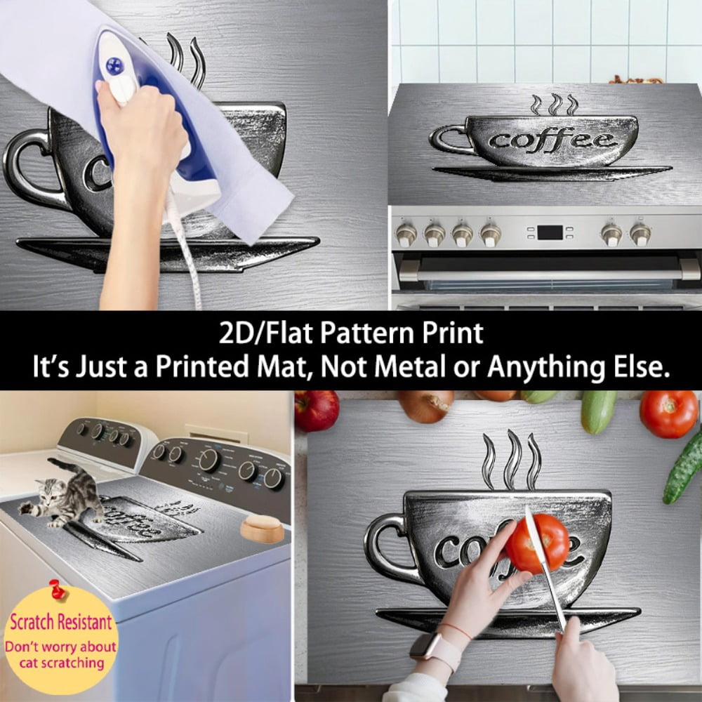 1 2D/flat stove cover protection pad, embodged coffee cup pattern design, 28.3x20.5 inches (72×52cm), easy to clean, perfectly suitable for any kitchen, washing machine, dryer, stove panel protection