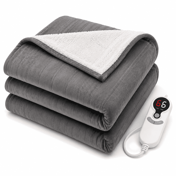 Electric Heated Blanket Flannel And Sherpa 62x84in Light Gray Gift