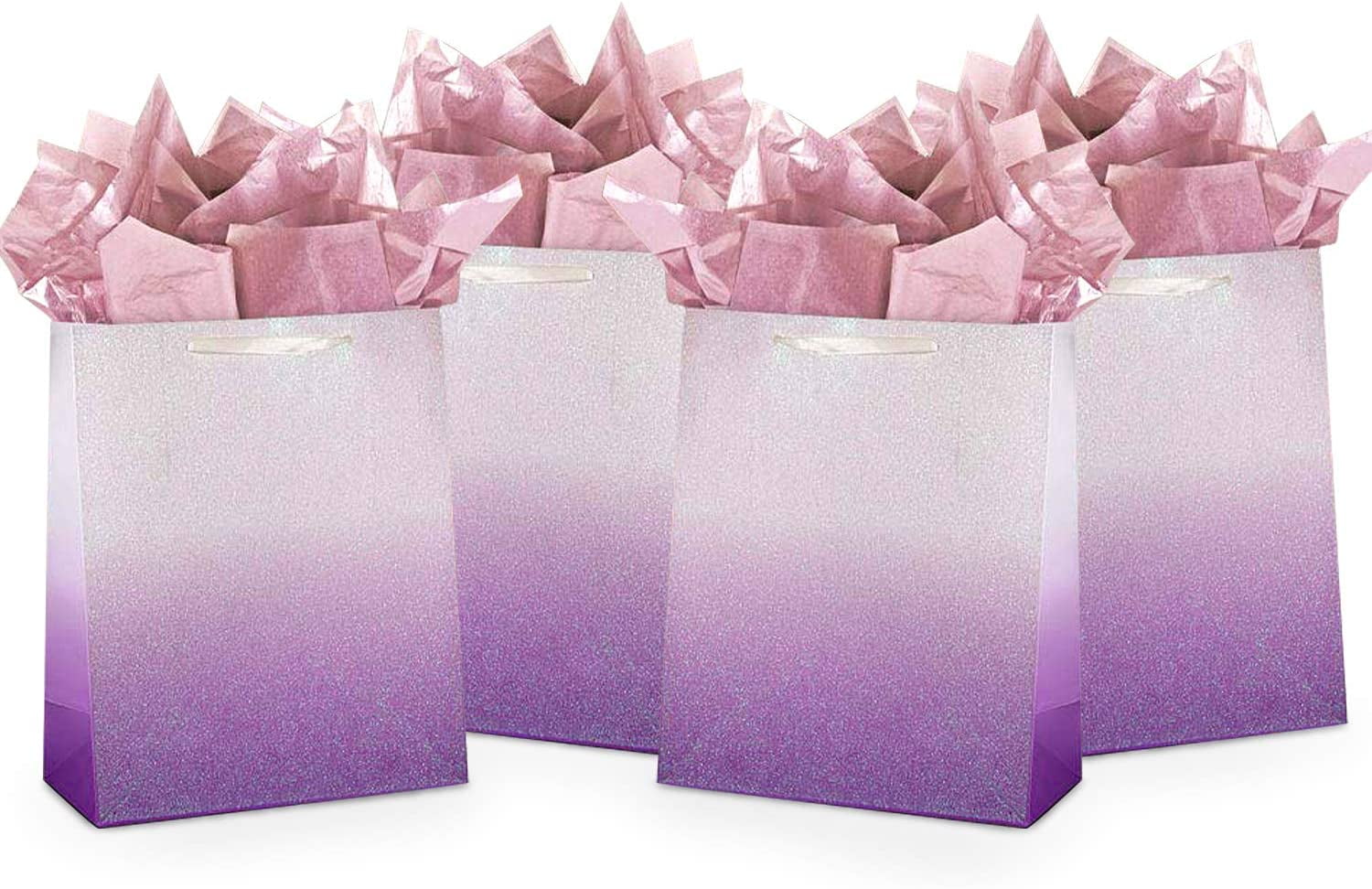 12PCS Purple Glitter Ombre Gift Bags Bulk with Ribbon Handle, 100
