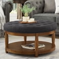thumbnail image 2 of CQSXDA Large Round Upholstered Tufted Linen Wood Shelf Storage Coffee Table, For Living Room, Dark Charcoal, 2 of 6