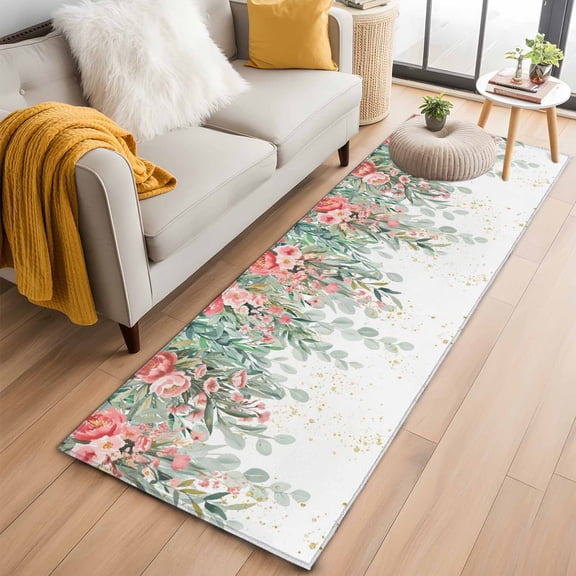 Floral Leaves 2'x6' Runner Rugs for Hallway Kitchen Bedside Non Slip Washable, Summer Botanical Weeping Watercolor Entryway Rug Runners with Rubber Backing, Long Carpet Runner for Laundry Room