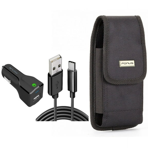 Case Belt Clip & Car Charger for iPhone 15 Pro - Swivel Holster Rugged Cover and 18W Fast USB Port 6ft Cable Type-C O3O for iPhone 15 Pro (6.1")