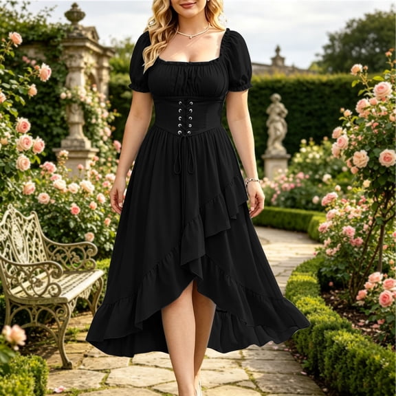 Women's Renaissance Peasant Dress High-Low Ruffle Hem Medieval Pirate Wench Costume with Lace-Up Corset Waist Puff Sleeve Cosplay Halloween Outfit