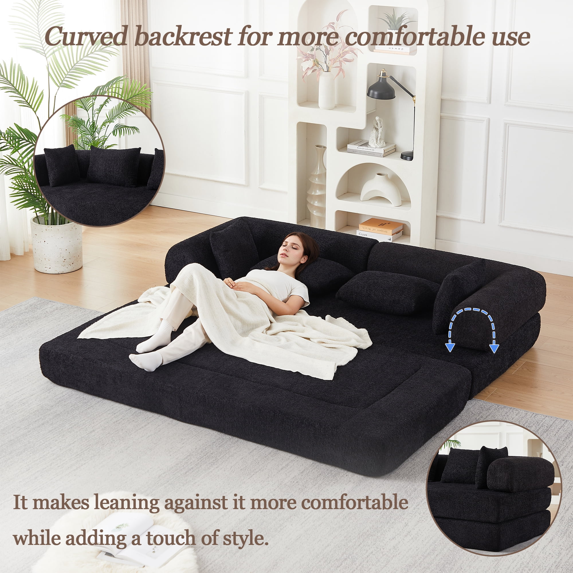 78.9inch Convertible Sleeper Sofa,Chenille Folding Mattress Sofa with DIY Removable Armrests,Floor Standing Lounge Sofa for Living Room Bedroom Small Space,Black