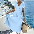 thumbnail image 2 of Women's Solid Color Wrap V Neck Midi Dress Short Sleeve Tie Waist Casual Vacation Dress with Pockets Blue XL(XL), 2 of 7