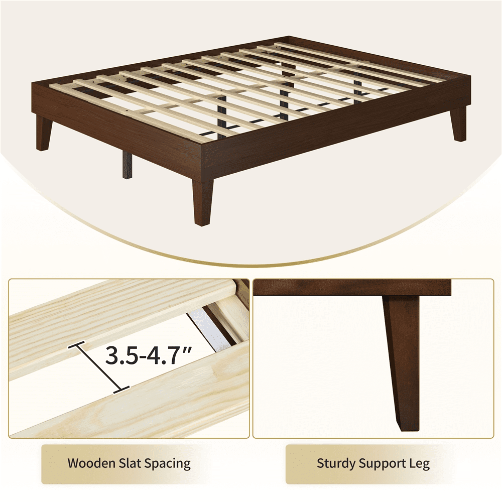 Yaheetech Queen Size Solid Wood Platform Bed Frame with Slat Support, Dark Walnut