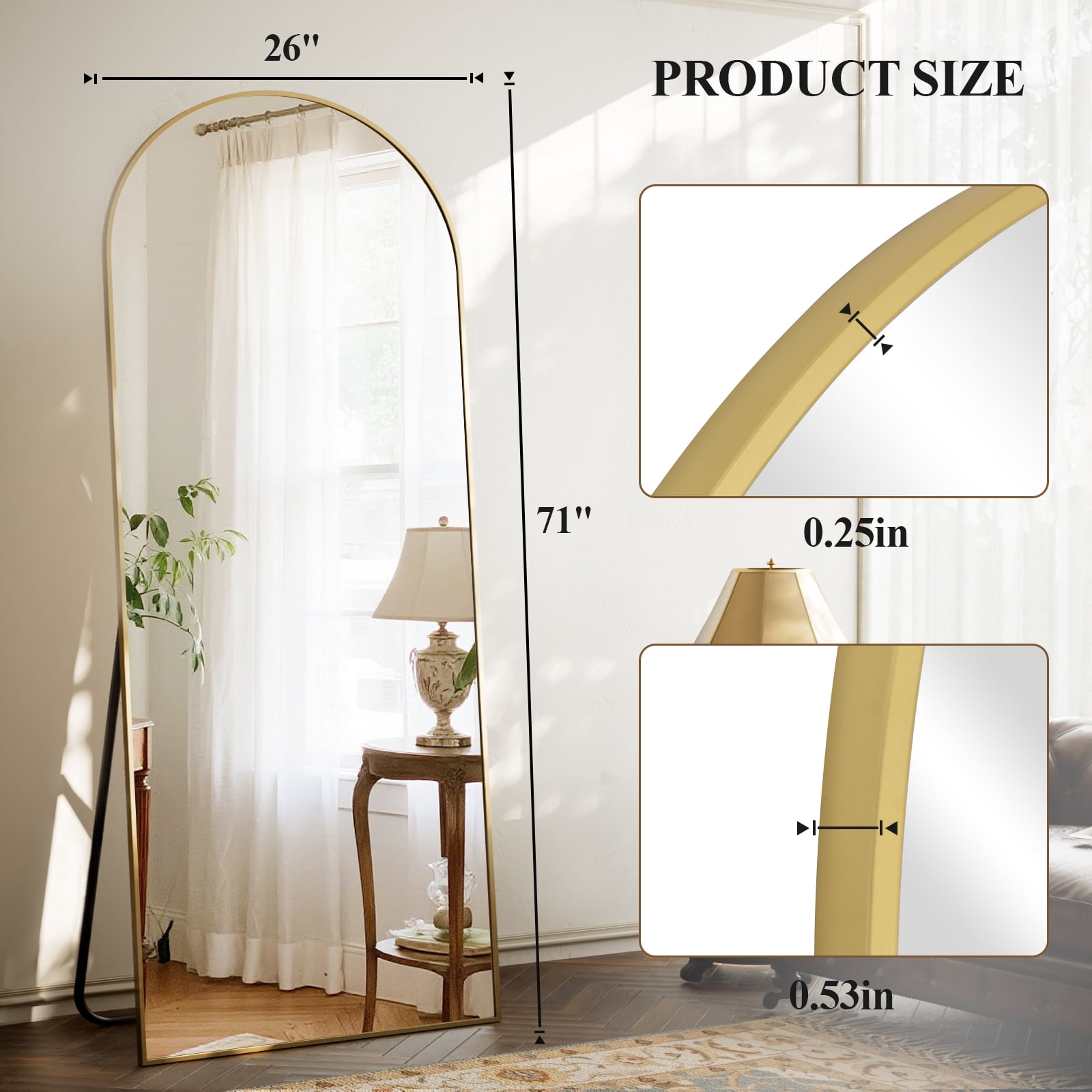 AUROMIR 71"x26" Arched Full Length Mirror Floor Mirror Full Body Standing Mirror, Gold