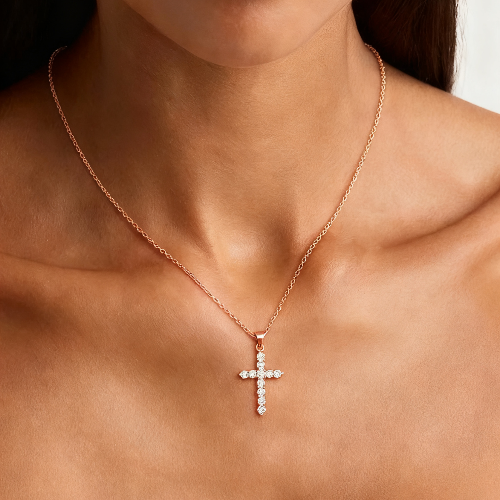 SFTING 14K White Gold Plated Zirconia Rose Gold Cross Faith Pendant Necklace for Women with 925 Silver