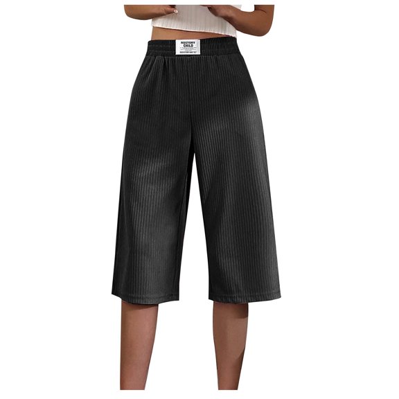 fheaev Wide Leg Capri Pants For Women Summer High-Waist Elastic Waist Loose Pants With Pockets Lightweight Pants Summer Casual Cropped Pants