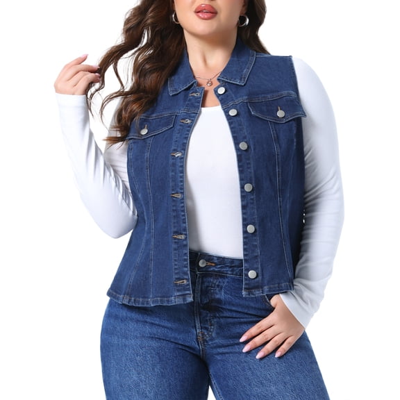 Agnes Orinda Women's Plus Size Cropped Denim Vest Peplum Hem Lapel Collar Sleeveless Button Down Casual Jean Jacket with Pockets 1X Dark Blue