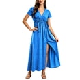 thumbnail image 2 of BRGZLK Vintage Maxi Dress for Women Trendy Polka Dot V Neck Short Sleeve High Waist Elegant Flowy Dresses Comfy Slit Casual Daily Wear Outing Clothes Blue, 2 of 4