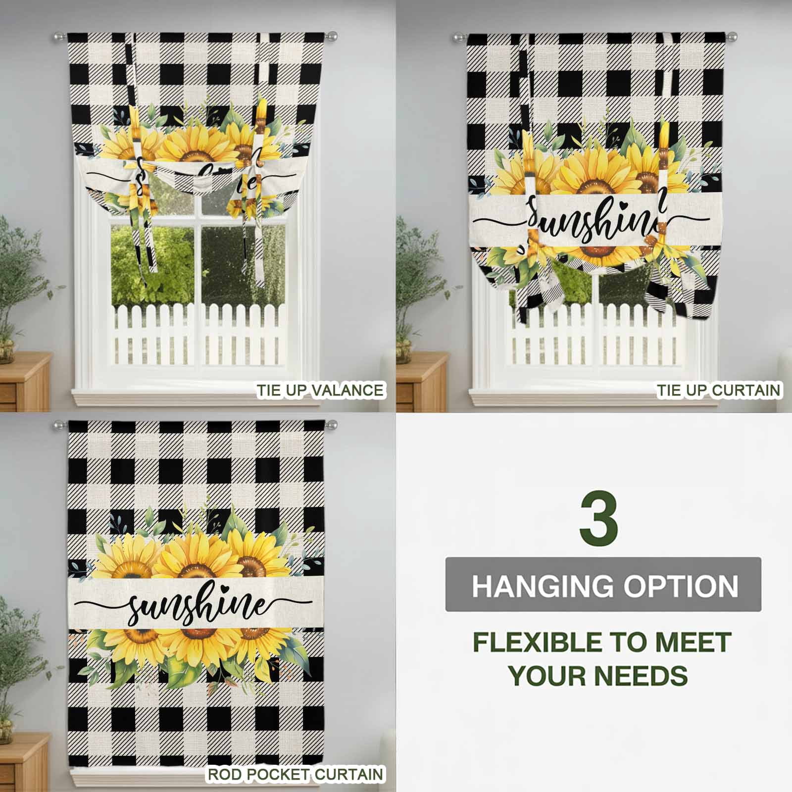 Summer Welcome Tie Up Curtain 45 Inches Long, Yellow Sunflower Leaf Retro Linen Black Plaid Balloon Style Kitchen Window Curtain Over Sink, Small Window Rod Pocket Curtain 52"x45"