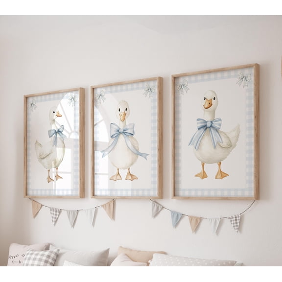 Set of 3 Goose Prints, Blue Bow Wall Art Set, Farm Posters, Modern Art, Goose Kids Bedroom Decor, Boy Nursery Decor, Playroom Prints, Poster Only
