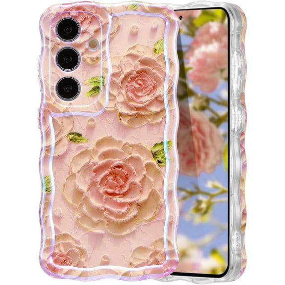 Case for Samsung Galaxy S24, Colorful Retro Oil Painting Flower Laser Glossy Pattern Cute Curly Wave Edge Exquisite Phone Cover Stylish Durable TPU Protective Case for Girls Women -Pink Orange